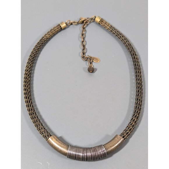 Marjorie Baer SF Bronze Tone Mixed Metal Mesh Chain Bar Pendant Necklace 21" - Picture 2 of 10